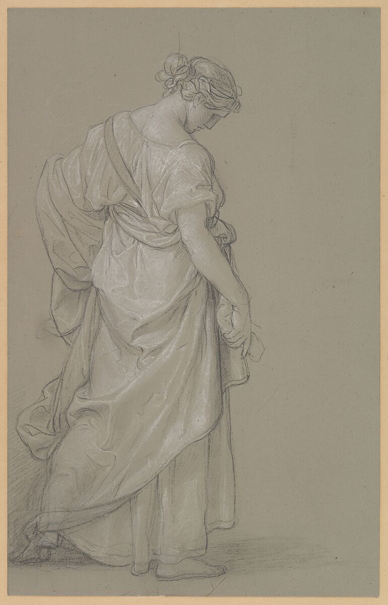 Study of a Standing Woman, Angelica Kauffmann (Swiss, Chur 1741–1807 Rome), Black chalk, heightened with white chalk, on paper prepared with gray-blue gouache 