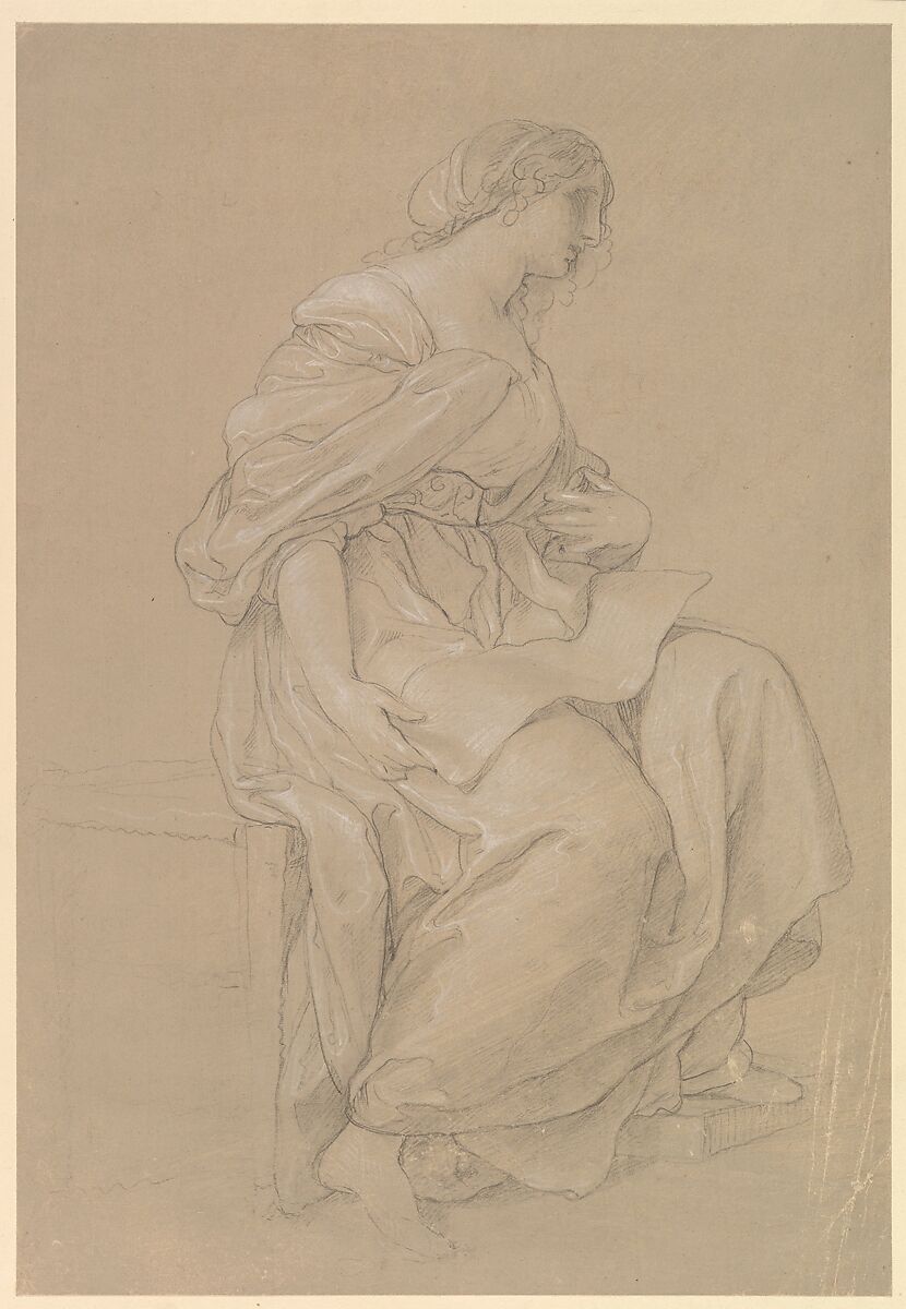 Study of a Seated Woman, Angelica Kauffmann (Swiss, Chur 1741–1807 Rome), Black chalk, heightened with white chalk, on light brown prepared (?) paper 
