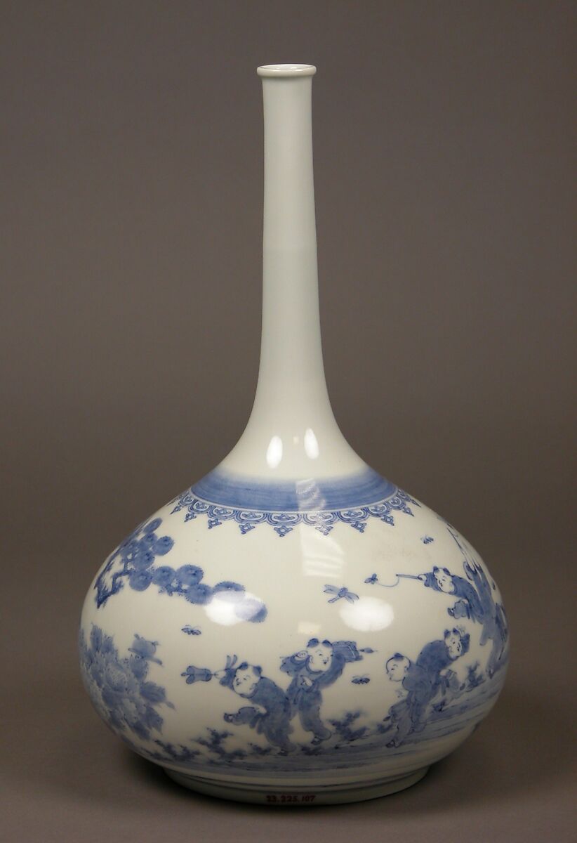 Long-Necked Bottle with Design of Chinese Children Playing Outdoors, Porcelain with underglaze blue (Hirado ware), Japan 