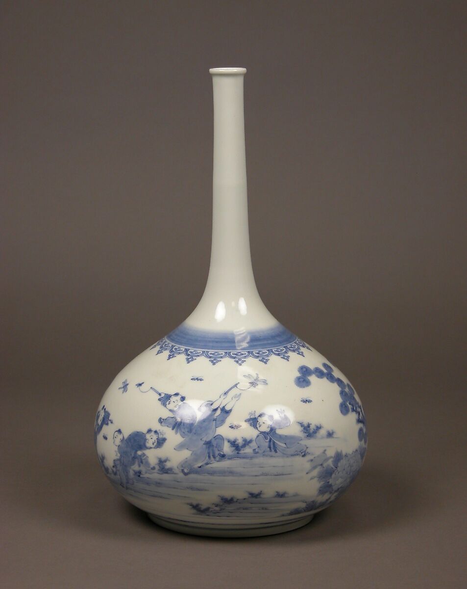 Long-Necked Bottle with Design of Chinese Children Playing Outdoors, Porcelain with underglaze blue (Hirado ware), Japan