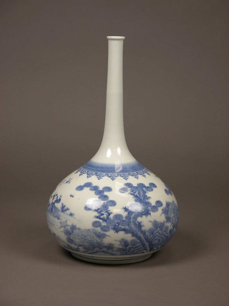Long-Necked Bottle with Design of Chinese Children Playing Outdoors, Porcelain with underglaze blue (Hirado ware), Japan