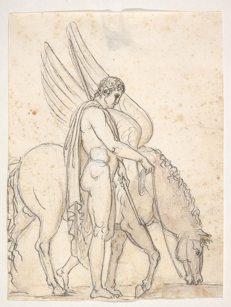 Bellerophon and Pegasus, Bertel Thorvaldsen (Danish, Copenhagen 1770–1844 Copenhagen), Pen and brown ink, brown wash, over black chalk or graphite 