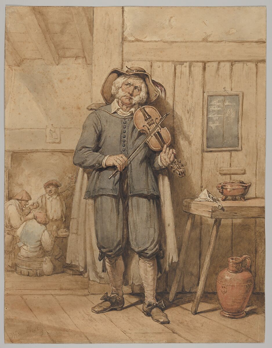A Fiddler in a Tavern, with Three Men in the Background, Johannes Hendrik van West (Dutch, The Hague 1803–1881 Amsterdam), Watercolor, over graphite 