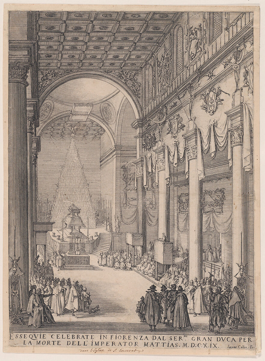 Le Catafalque de l'Empereur Mathais pièce appelée aussi Le Petit Prédicateur, La Chapelle Funèbre de Florence et Requiem de L'Empereur Mathais (The Catafalque of the Emperor Matthais, piece also called The Small Preacher, The Funerary Chapel of Florence, The Requiem of the Emperor Matthais), Jacques Callot (French, Nancy 1592–1635 Nancy), Etching and engraving; second state of three (Lieure) 