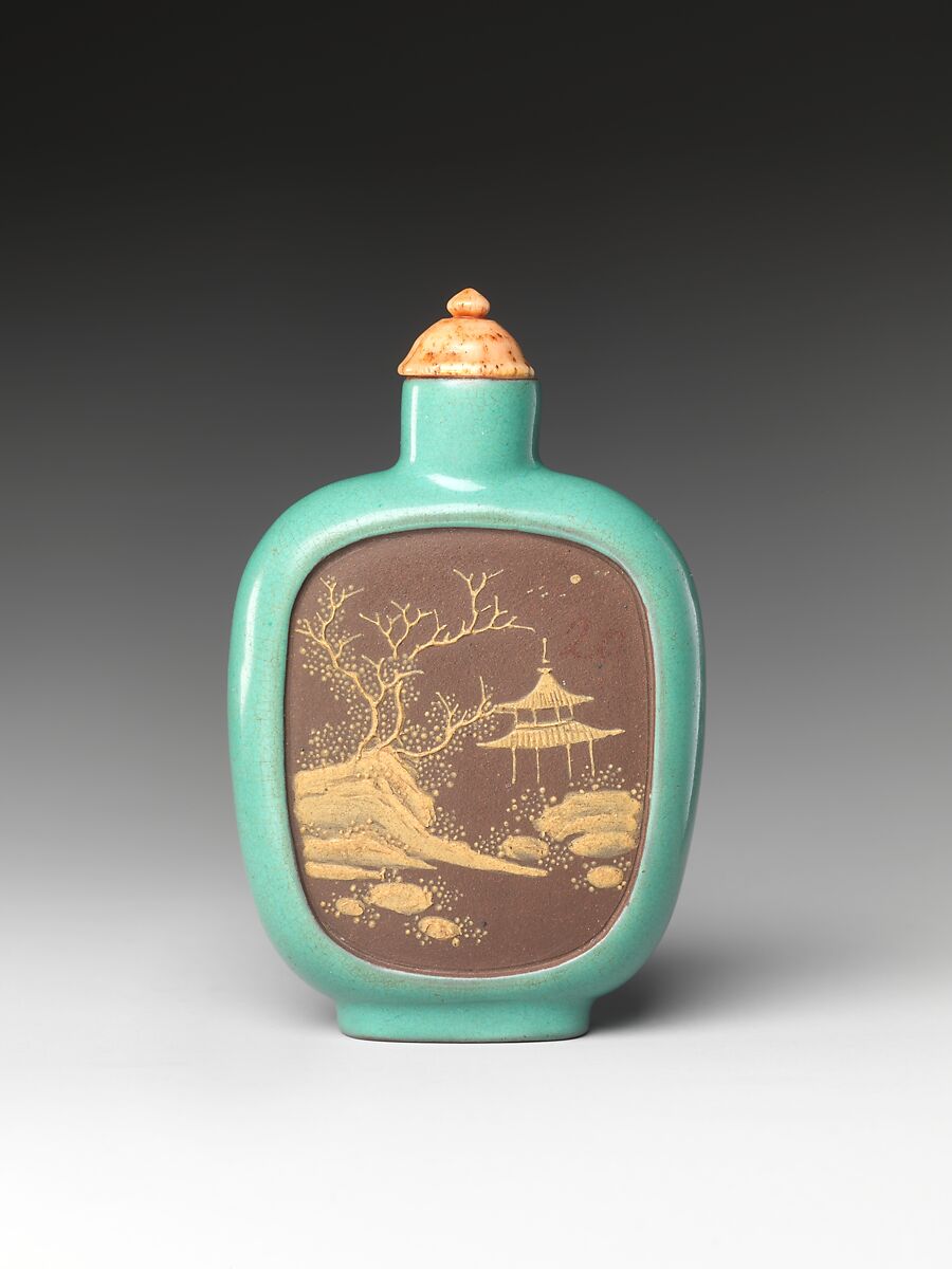 Snuff Bottle with Landscape, Glazed Yixing earthenware with coral stopper, China 