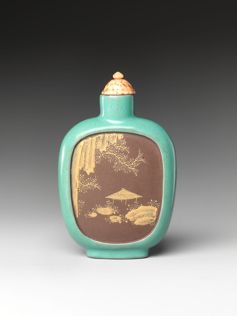 Snuff Bottle with Landscape, Glazed Yixing earthenware with coral stopper, China
