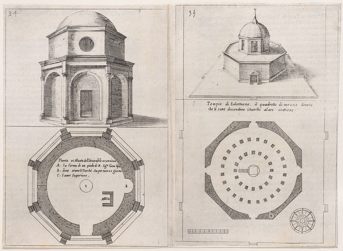 Plates 27 and 28, from "Trattato delle Piante & Immagini de Sacri Edifizi di Terra Santa" (Treatise of the Plans & Images of the Sacred Buildings of the Holy Land), Jacques Callot (French, Nancy 1592–1635 Nancy), Etching and engraving; first state of two (Lieure) 