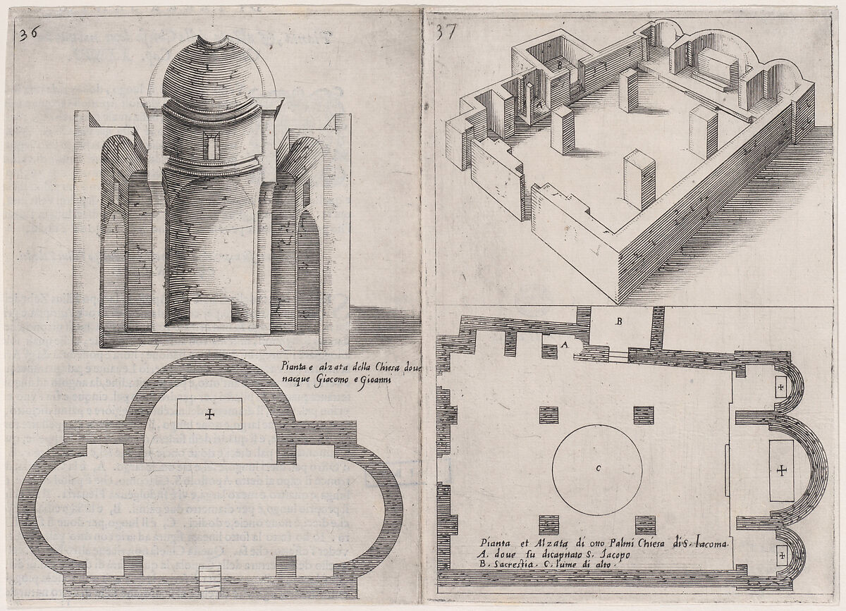 Plates 29 and 30, from "Trattato delle Piante & Immagini de Sacri Edifizi di Terra Santa" (Treatise of the Plans & Images of the Sacred Buildings of the Holy Land), Jacques Callot (French, Nancy 1592–1635 Nancy), Etching and engraving; plate 29 first state of two (Lieure) 