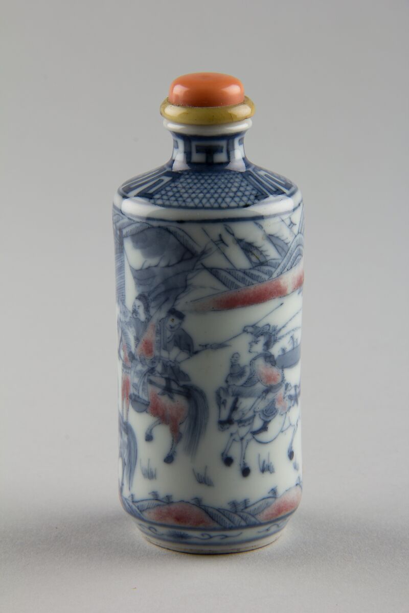 Snuff bottle with theatrical scene, Porcelain with underglaze red and blue, coral stopper, China
