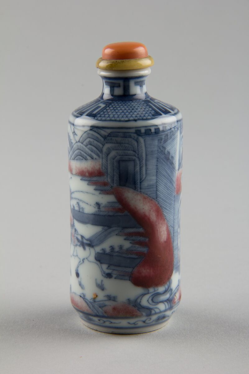 Snuff bottle with theatrical scene, Porcelain with underglaze red and blue, coral stopper, China