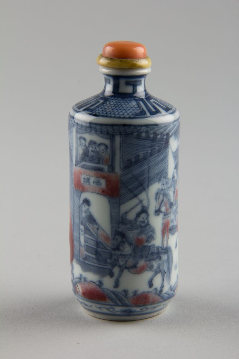 Snuff bottle with theatrical scene, Porcelain with underglaze red and blue, coral stopper, China 