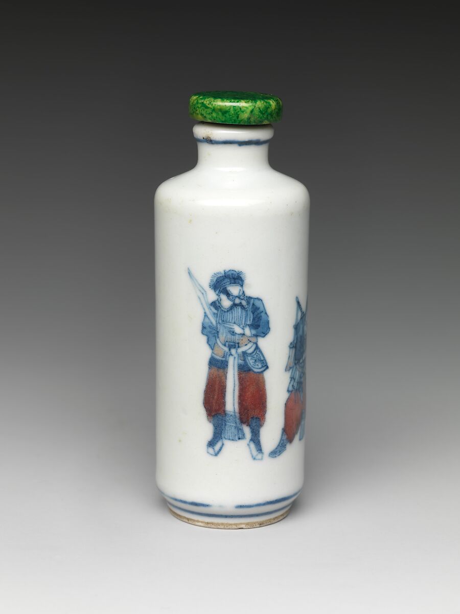 Snuff bottle with scene of Peking Opera, Porcelain with underglaze red and blue, jadeite stopper, China 