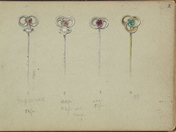 Designs for Four Stickpins, Edgar Gilstrap Simpson (British, 1867–1945 (presumed)), Graphite and gouache 