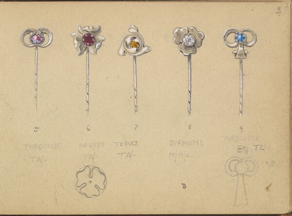 Designs for Five Stickpins, Edgar Gilstrap Simpson (British, 1867–1945 (presumed)), Graphite and gouache 