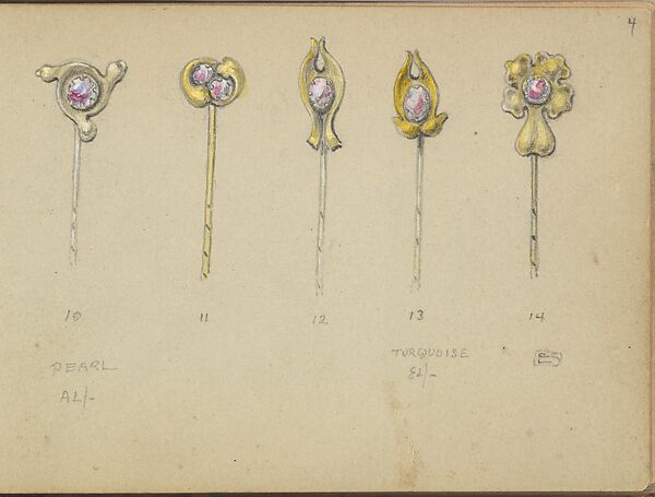 Five Designs for Gold Stickpins, Edgar Gilstrap Simpson (British, 1867–1945 (presumed)), Graphite and gouache 