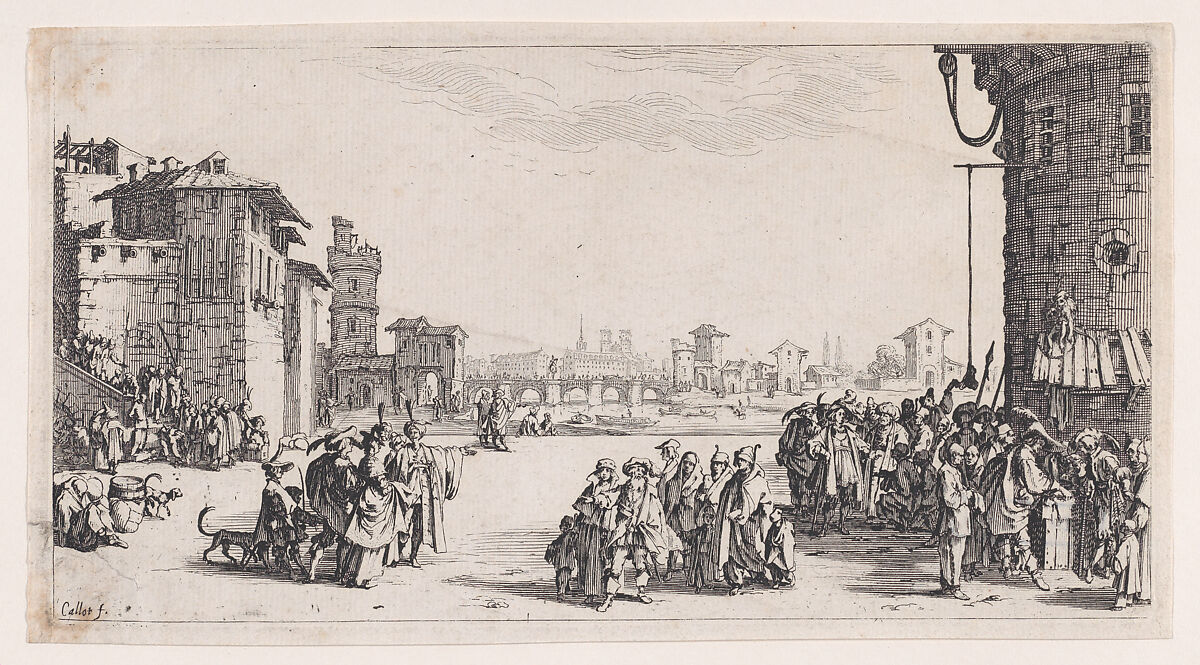 Le Marché d'Esclaves, estampe appelée aussi Les Galériens, Le Petit Paris, La Petite Vue de Paris (The Slave Market, also called The Galley Slaves, The Small Paris, The Small View of Paris), Jacques Callot (French, Nancy 1592–1635 Nancy), Etching; fourth state of six (Lieure) 