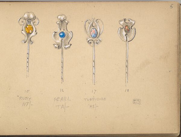 Four Designs for Silver Stickpins, Edgar Gilstrap Simpson (British, 1867–1945 (presumed)), Graphite and gouache 