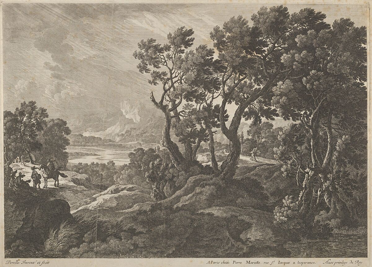 A landscape with travellers at the left, Adam Perelle (French, Paris 1640–1695 Paris), Etching 