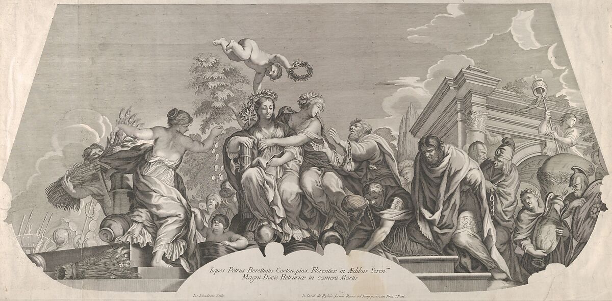 An allegorical composition with Charity and prisoners in chains; a plate from Rossi's series of engravings of Pietro da Cortona's fresco in the Camera of Mars in the Pitti Palace, Florence., Jacques Blondeau (Flemish, baptized 1655–1698 Rome), Engraving 