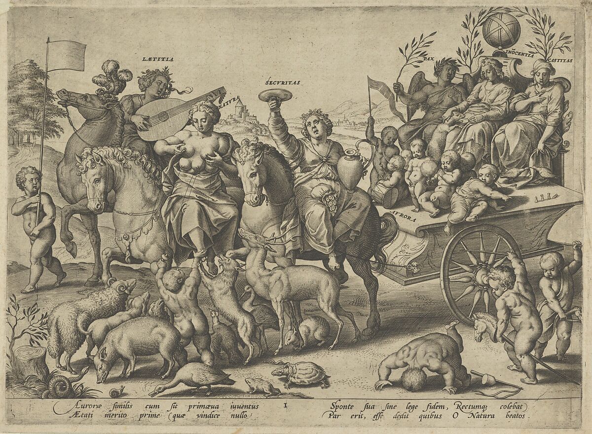 Childhood (Dawn) from The Four Ages of Man and Death with the Last Judgment, Hieronymus (Jerome) Wierix (Netherlandish, ca. 1553–1619 Antwerp), Engraving;  state before Hollstein's first state of seven (before astrological symbols added to the flag on left and before any publisher's address) 