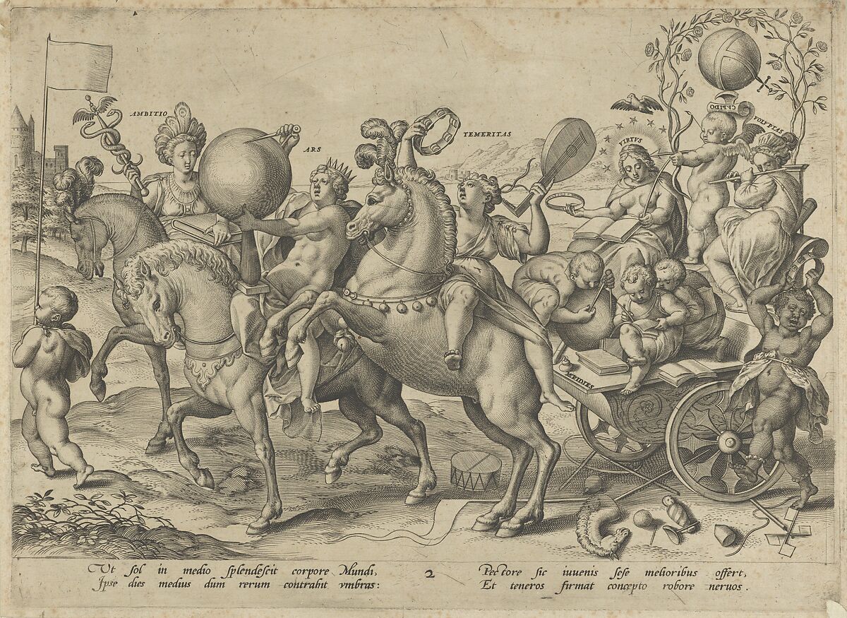 Youth (Midday) from The Four Ages of Man and Death with the Last Judgment, Hieronymus (Jerome) Wierix (Netherlandish, ca. 1553–1619 Antwerp), Engraving; state before Hollstein's first state of two (before astrological symbols added to the flag on left) 