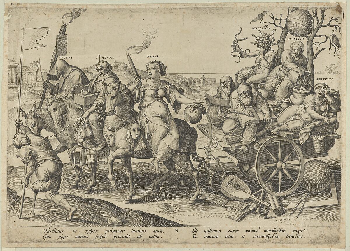 Adulthood (Evening) from The Four Ages of Man and Death with the Last Judgment, Hieronymus (Jerome) Wierix (Netherlandish, ca. 1553–1619 Antwerp), Engraving; state before Hollstein's first state of two (before astrological symbols added to the flag on left) 
