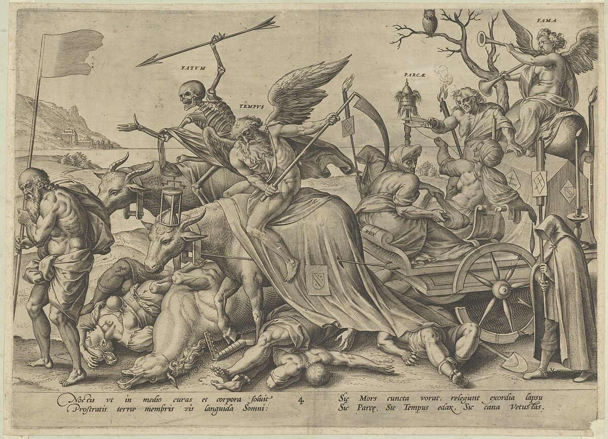 Old Age (Night) from The Four Ages of Man and Death with the Last Judgment, Hieronymus (Jerome) Wierix (Netherlandish, ca. 1553–1619 Antwerp), Engraving; state before Hollstein's first state of two (before astrological symbols added to the flag on left) 