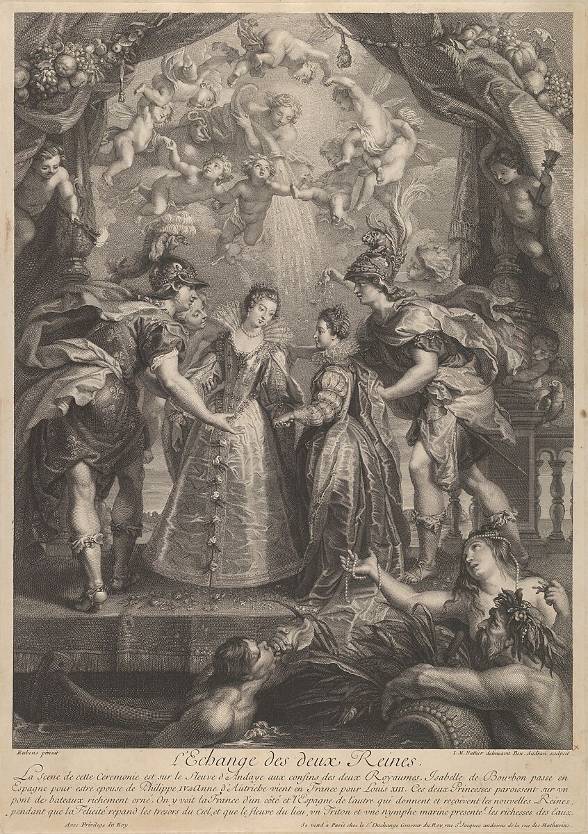 Plate 17: The exchange of the two princesses in Hendaye; allegorical scene with Anne of Austria and Elizabeth of Bourbon standing on a bridge holding hands from Recueil de la Galerie du Luxembourg, Benoit Audran the Elder (French, Lyon 1661–1721 Paris), Engraving 