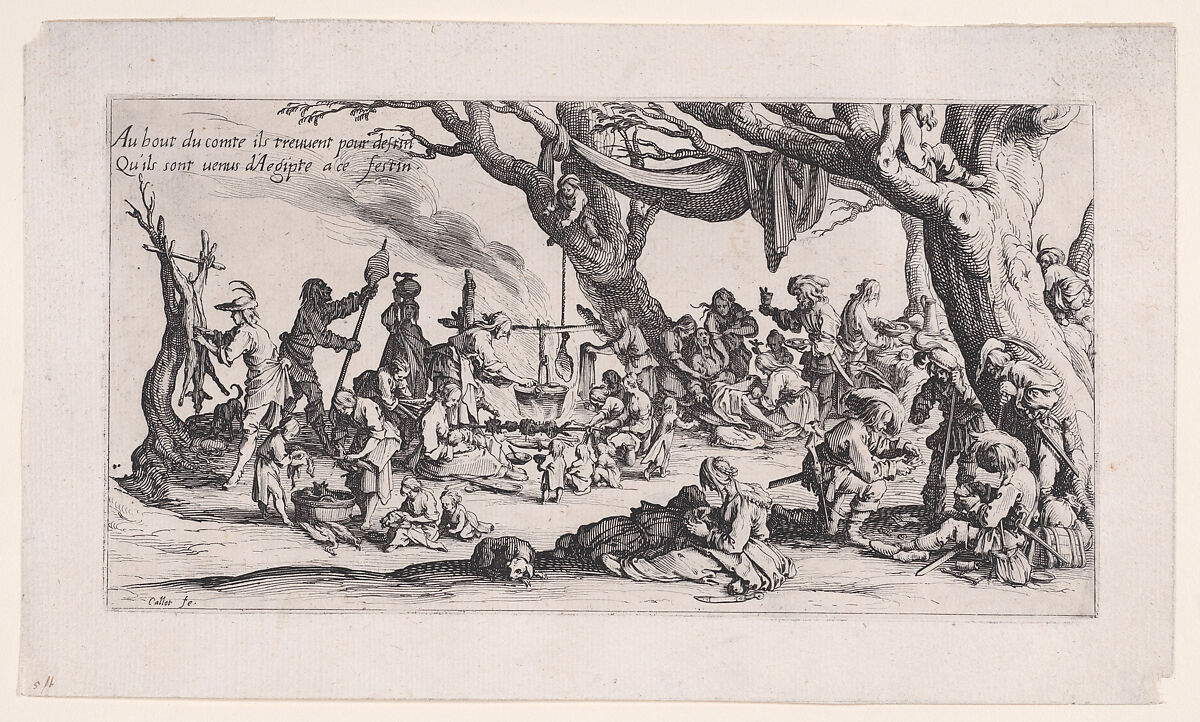 Le Halte des Bohémiens: Les Apprêts du Festin (The Gypsy Stopover: The Preparations for the Feast) , from Le Bohémiens, série appelée aussi Les Égyptiens, La Marche des Bohémiens, La Vie Errante des Bohémiens, Les Marches Égyptiennes (The Gypsies, series also called The Egyptians, The Gypsy Troops, The Wandering Lives of Gypsies, The Egyptian Troops), Jacques Callot (French, Nancy 1592–1635 Nancy), Etching and engraving; second state of two (Lieure) 
