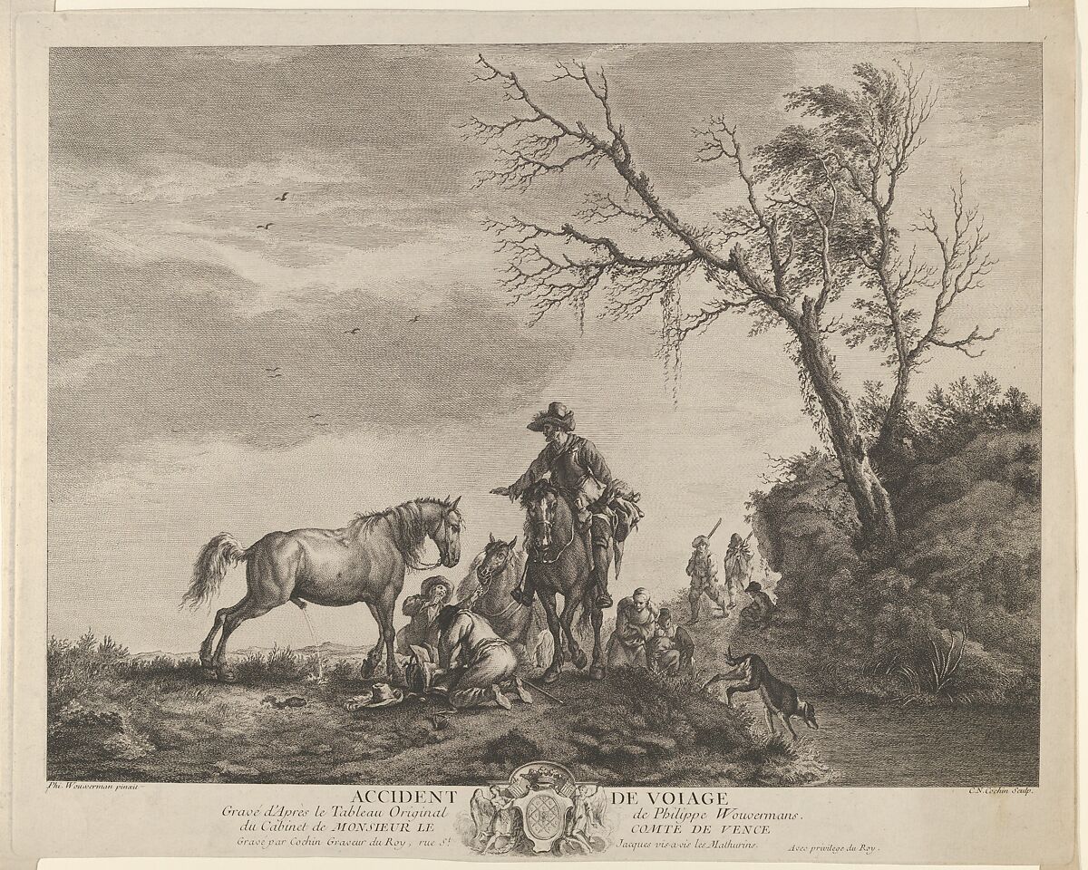 An accident while traveling, a kneeling man fixing a broken saddle, a horse pissing at the left, Charles Nicolas Cochin I (French, Paris 1688–1754 Paris), Etching and engraving 