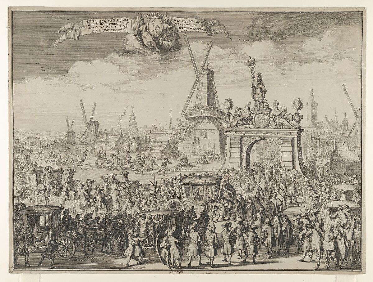 Entrance of William III into The Hague (Inhaling van S.K. Maj. aende Westeynder brug door de E.A. Magistraet van s'Gravenhage / Reception de sa Majesté au pont du Westende) from Bidloo, Inkomste van Koning Willem III, Romeyn de Hooghe (Dutch, Amsterdam 1645–1708 Haarlem), Etching 