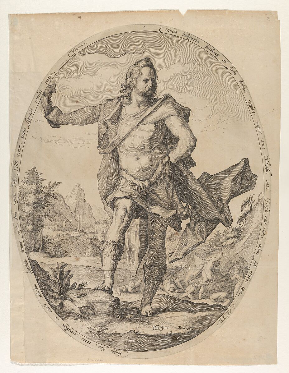 Samson, from "Heroes and Heroines of the Old Testament", Nicolaes Braeu (Netherlandish, active Haarlem, ca. 1586–died 1600), Engraving 