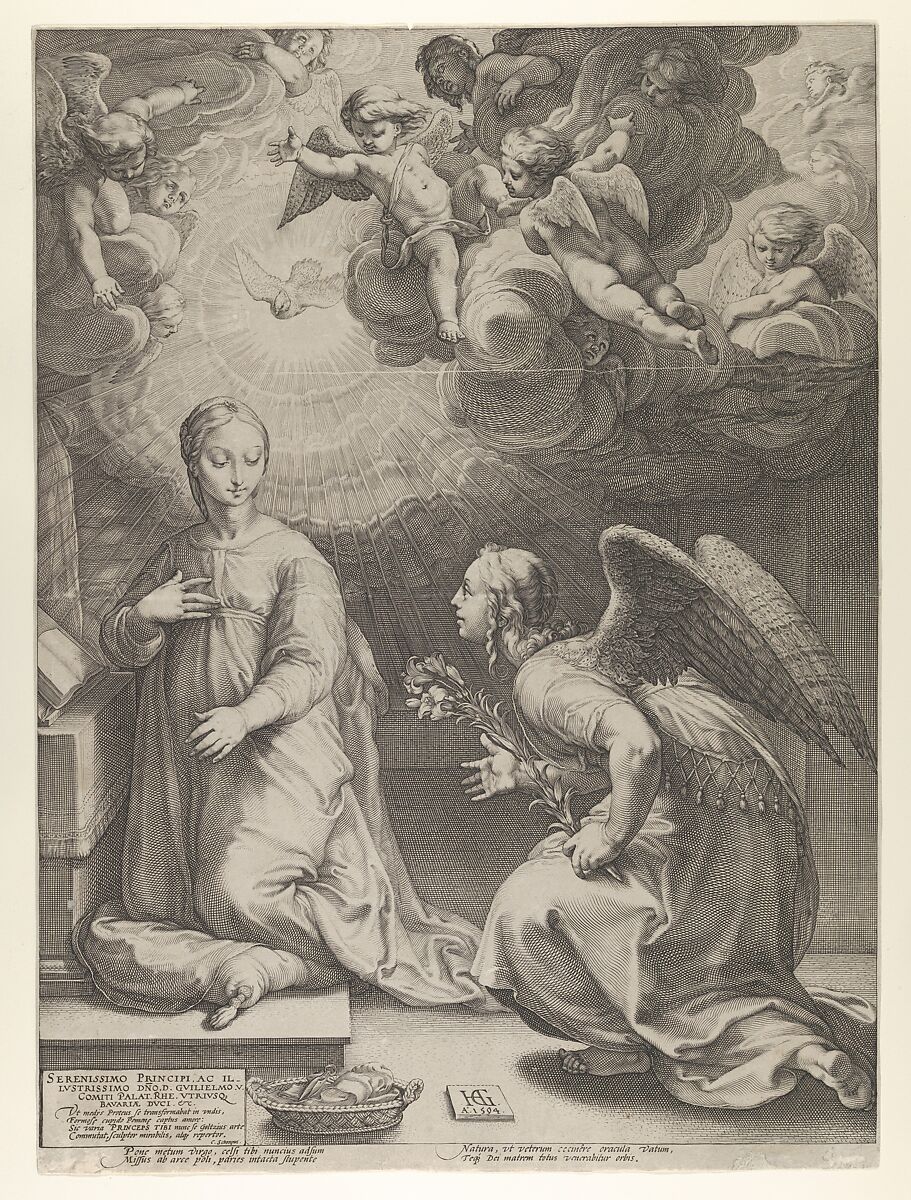 Annunciation, from "The Birth and Early Life of Christ", Hendrick Goltzius (Netherlandish, Mühlbracht 1558–1617 Haarlem), Engraving 