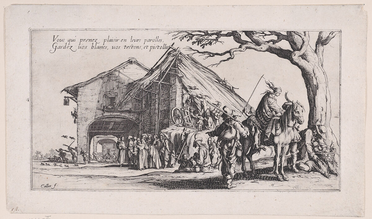 La Halte des Bohémiens: Les Diseuses de Bonne Aventure (The Gypsy Stopover: The Fortune Tellers), from Le Bohémiens, série appelée aussi Les Égyptiens, La Marche des Bohémiens, La Vie Errante des Bohémiens, Les Marches Égyptiennes (The Gypsies, series also called The Egyptians, The Gypsy Troops, The Wandering Lives of Gypsies, The Egyptian Troops), Jacques Callot (French, Nancy 1592–1635 Nancy), Etching and engraving; second state of two (Lieure) 