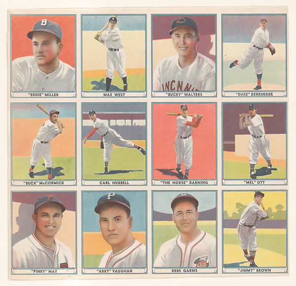 Uncut sheet from the Play Ball, Sports Hall of Fame series (R336) including "Eddie" Miller, Max West, "Bucky" Walters,"Duke" Derringer, "Buck" McCormick, Carl Hubbell, "The Horse" Danning, "Mel" Ott, "Pinky" May, "Arky" Vaughan, Debs Garms, "Jimmy" Brown, Gum, Inc., Commercial lithograph
