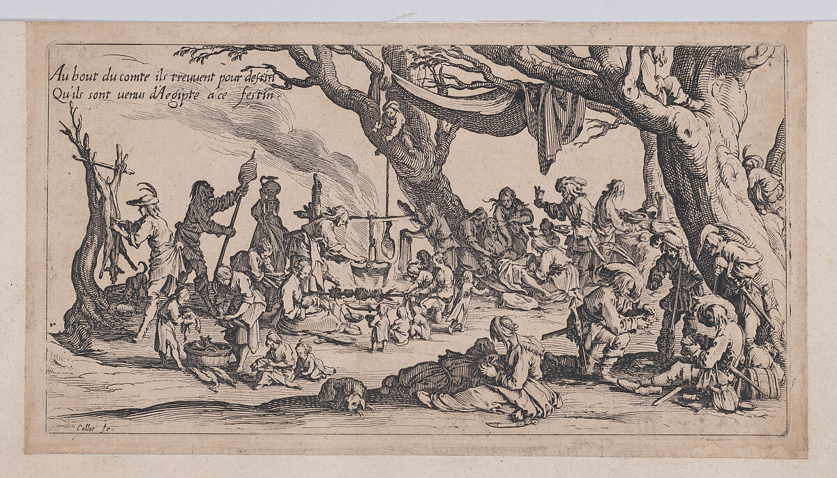 Le Halte des Bohémiens: Les Apprêts du Festin (The Gypsy Stopover: The Preparations for the Feast) , from "Le Bohémiens, série appelée aussi Les Égyptiens, La Marche des Bohémiens, La Vie Errante des Bohémiens, Les Marches Égyptiennes" (The Gypsies, series also called The Egyptians, The Gypsy Troops, The Wandering Lives of Gypsies, The Egyptian Troops), Jacques Callot (French, Nancy 1592–1635 Nancy), Etching and engraving; second state of two (Lieure) 