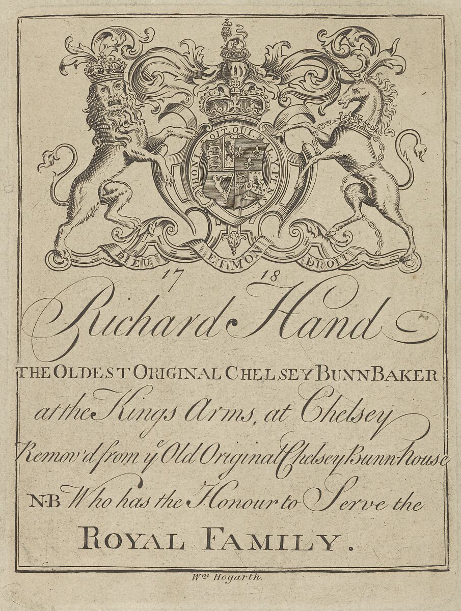 Trade Card of Richard Hand, The Oldest Original Chelsey Bunn Baker, Said to be designed by William Hogarth (British, London 1697–1764 London), Etching and engraving 