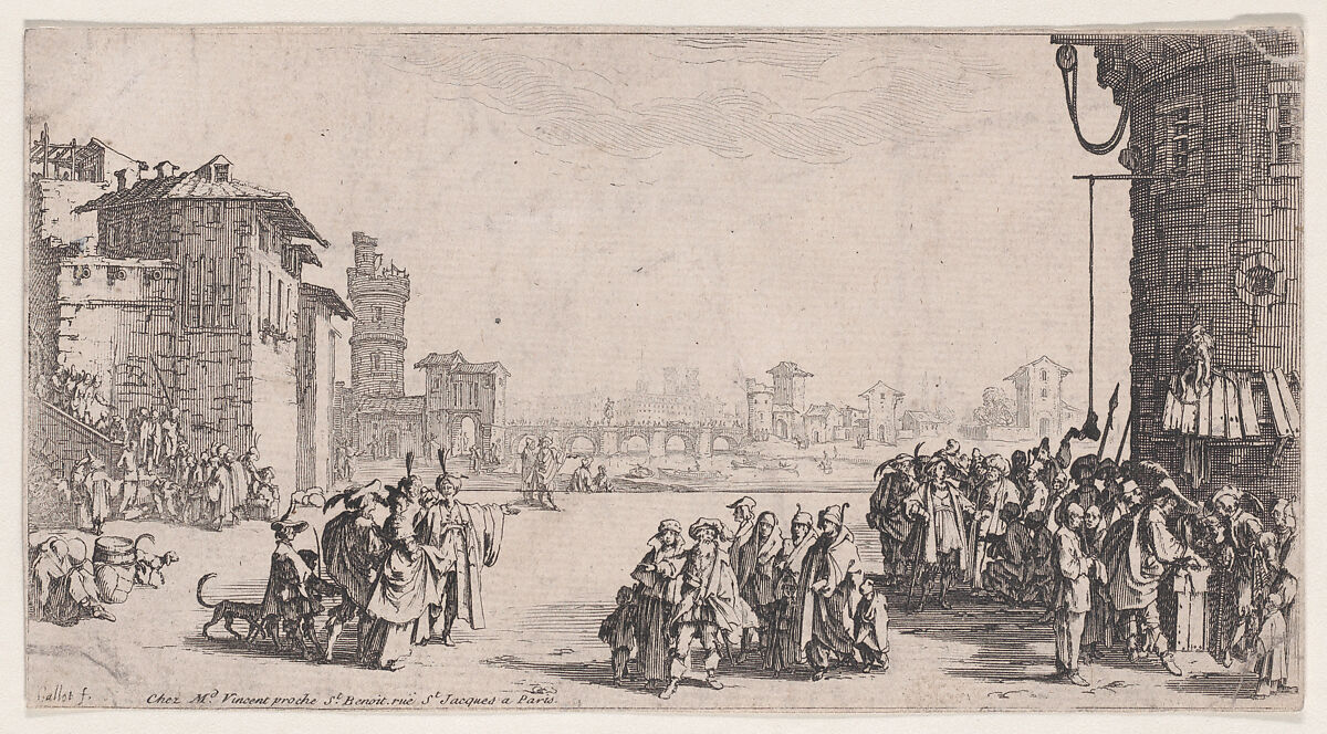 Le Marché d'Esclaves, estampe appelée aussi Les Galériens, Le Petit Paris, La Petite Vue de Paris (The Slave Market, also called The Galley Slaves, The Small Paris, The Small View of Paris), Jacques Callot (French, Nancy 1592–1635 Nancy), Etching and engraving; fifth state of six (Lieure) 