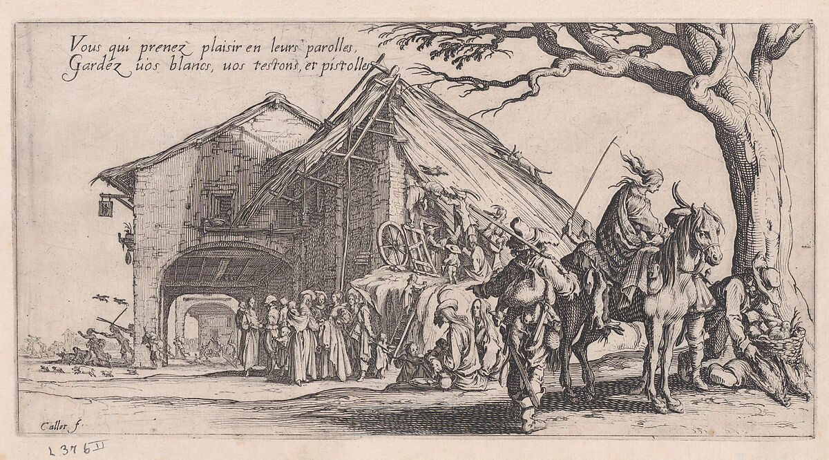 La Halte des Bohèmiens: Les Diseuses de Bonne Aventure (The Gypsy Stopover: The Fortune Tellers), from "Le Bohémiens, série appelée aussi Les Égyptiens, La Marche des Bohémiens, La Vie Errante des Bohémiens, Les Marches Égyptiennes" (The Gypsies, series also called The Egyptiens, The Gypsy Troops, The Wandering Lives of Gypsies, The Egyptian Troops), Jacques Callot (French, Nancy 1592–1635 Nancy), Etching and engraving; second state of two (Lieure) 