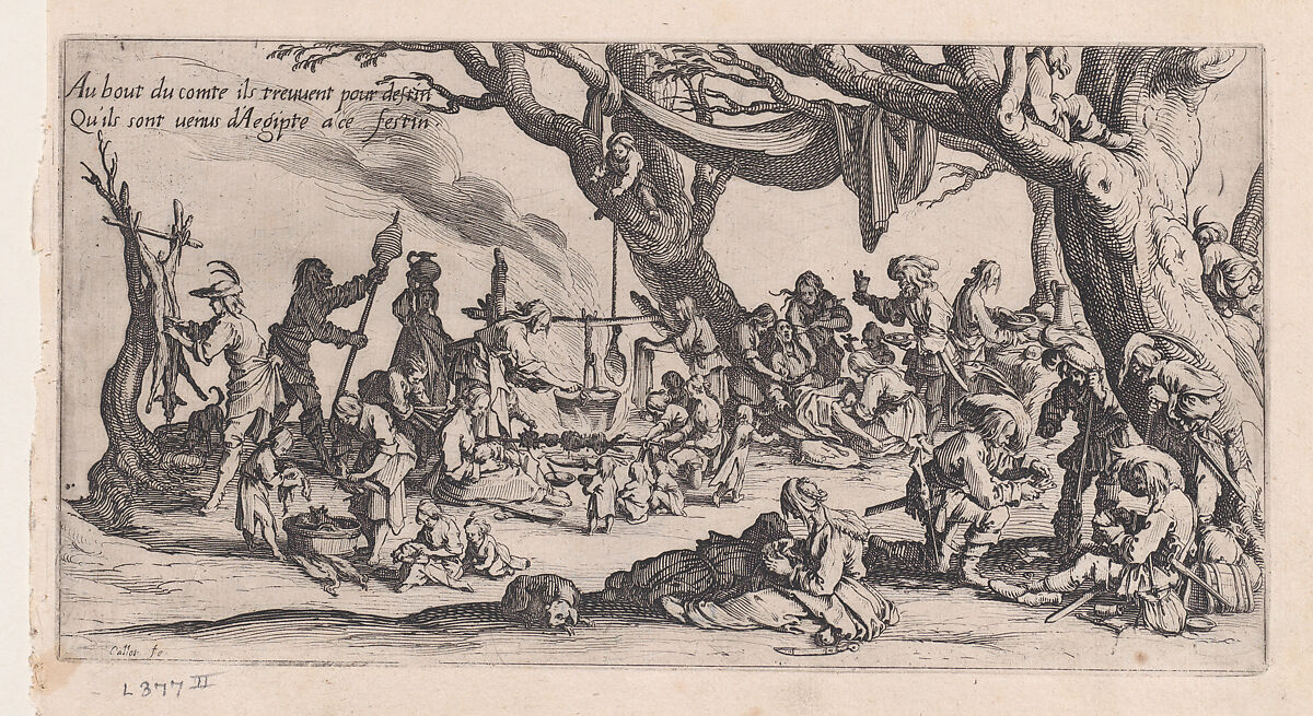 Le Halte des Bohémiens: Les Apprêts du Festin (The Gypsy Stopover: The Preparations for the Feast), from "Le Bohémiens, série appelée aussi Les Égyptiens, La Marche des Bohémiens, La Vie Errante des Bohémiens, Les Marches Égyptiennes" (The Gypsies, series also called The Egyptiens, The Gypsy Troops, The Wandering Lives of Gypsies, The Egyptian Troops), Jacques Callot (French, Nancy 1592–1635 Nancy), Etching and engraving; second state of two (Lieure) 