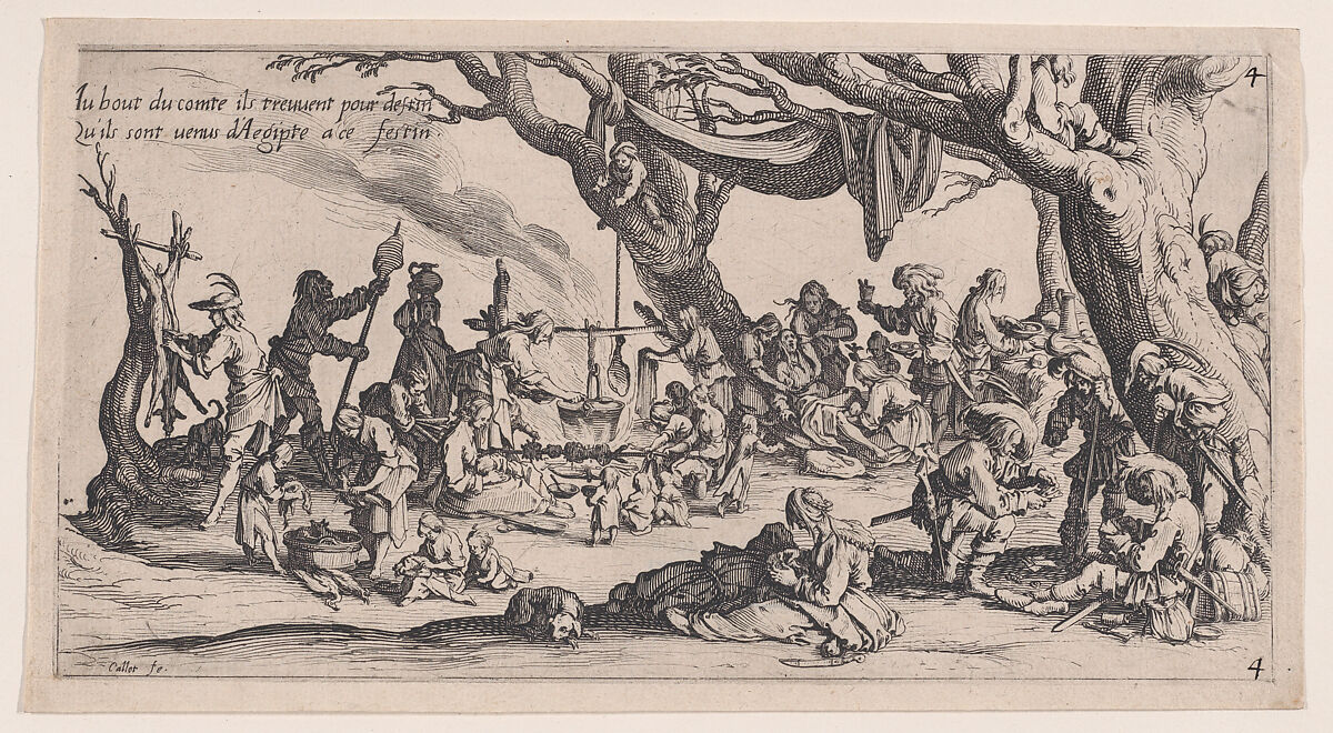 Le Halte des Bohémiens: Les Apprêts du Festin (The Gypsy Stopover: The Preparations for the Feast), from "Le Bohémiens, série appelée aussi Les Égyptiens, La Marche des Bohémiens, La Vie Errante des Bohémiens, Les Marches Égyptiennes" (The Gypsies, series also called The Egyptiens, The Gypsy Troops, The Wandering Lives of Gypsies, The Egyptian Troops), Jacques Callot (French, Nancy 1592–1635 Nancy), Etching and engraving; second state of two (Lieure) 