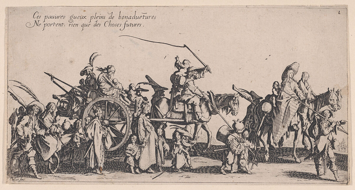 Les Bohémiens en Marche: L'Arrière-Garde, pièce aussi appelée Le Départ (The Gypsies Travelling: The Rear Guard, also called The Departure), from "Le Bohémiens, série appelée aussi Les Égyptiens, La Marche des Bohémiens, La Vie Errante des Bohémiens, Les Marches Égyptiennes" (The Gypsies, series also called The Egyptiens, The Gypsy Troops, The Wandering Lives of Gypsies, The Egyptian Troops), Jacques Callot (French, Nancy 1592–1635 Nancy), Etching and engraving; second state of four (Lieure) 