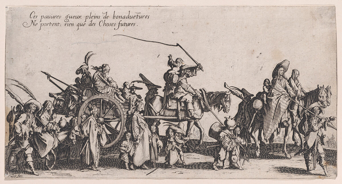 Les Bohémiens en Marche: L'Arrière-Garde, pièce aussi appelée Le Départ (The Gypsies Travelling: The Rear Guard, also called The Departure), from "Le Bohémiens, série appelée aussi Les Égyptiens, La Marche des Bohémiens, La Vie Errante des Bohémiens, Les Marches Égyptiennes" (The Gypsies, series also called The Egyptiens, The Gypsy Troops, The Wandering Lives of Gypsies, The Egyptian Troops), Jacques Callot (French, Nancy 1592–1635 Nancy), Etching and engraving; second state of four (Lieure) 