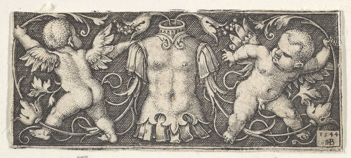 Horizontal Panel with Armor at Center, Flanked by Two Genii, Sebald Beham (German, Nuremberg 1500–1550 Frankfurt), Engraving; first state of two (Pauli) 
