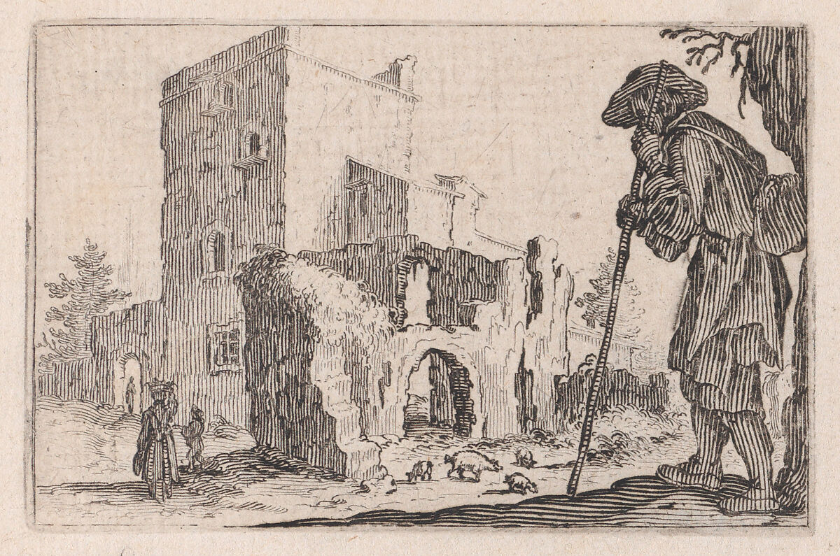 Le Patre et Les Ruines (The Shepherd and the Ruins), from "Les Caprices" Series B, The Nancy Set, Jacques Callot (French, Nancy 1592–1635 Nancy), Etching; first state of two (Lieure) 