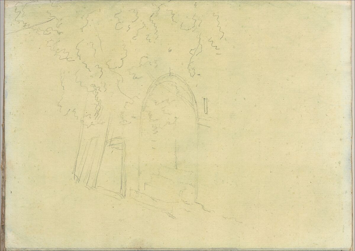 Trees next to an arched opening containing steps (Smaller Italian sketchbook, leaf 17 recto), Joseph Wright (Wright of Derby) (British, Derby 1734–1797 Derby), Graphite, brush and yellow wash 