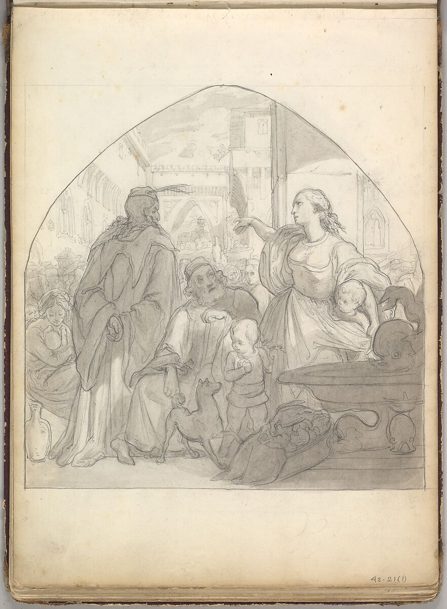 Scene in an Italian City with Figures Near a Fountain  (in Sketch Book With Drawings on Twenty-six Leaves), Frederic, Lord Leighton (British, Scarborough 1830–1896 London), Brush and India ink wash over graphite 