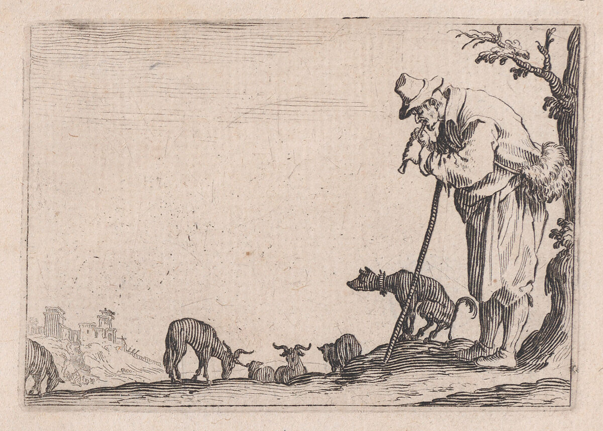Le Berger Jouant de la Flute (The Shepherd Playing the Flute), from "Les Caprices" Series B, The Nancy Set, Jacques Callot (French, Nancy 1592–1635 Nancy), Etching; first state of two (Lieure) 