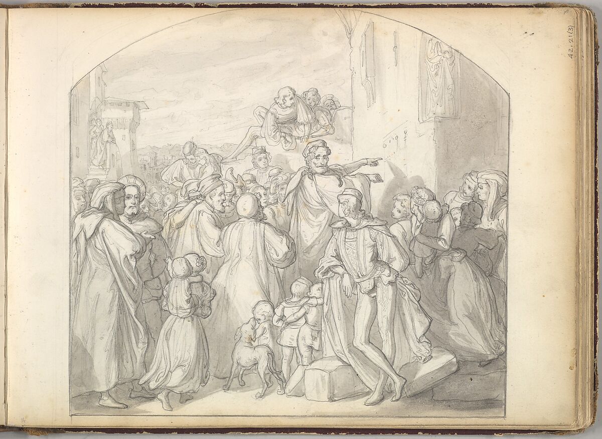 An Artist Drawing on Wall of a Church Watched by a Crowd (in Sketch Book With Drawings on Twenty-six Leaves), Frederic, Lord Leighton (British, Scarborough 1830–1896 London), Brush and India ink wash over graphite 