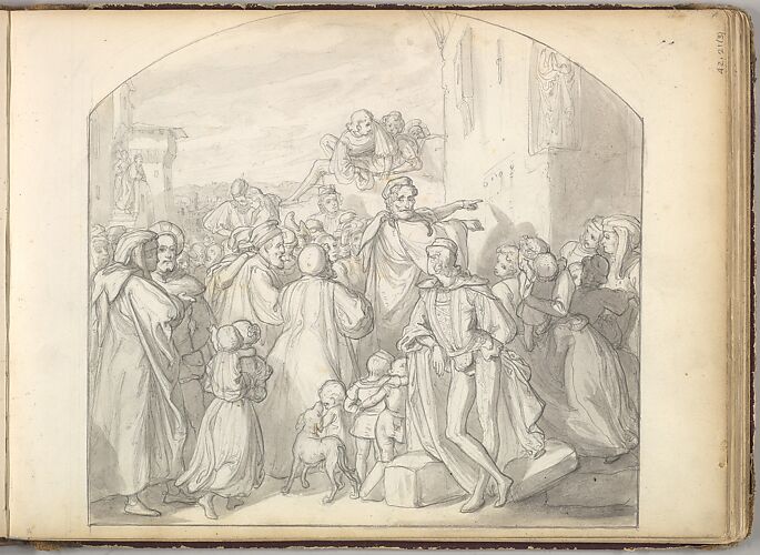 An Artist Drawing on Wall of a Church Watched by a Crowd